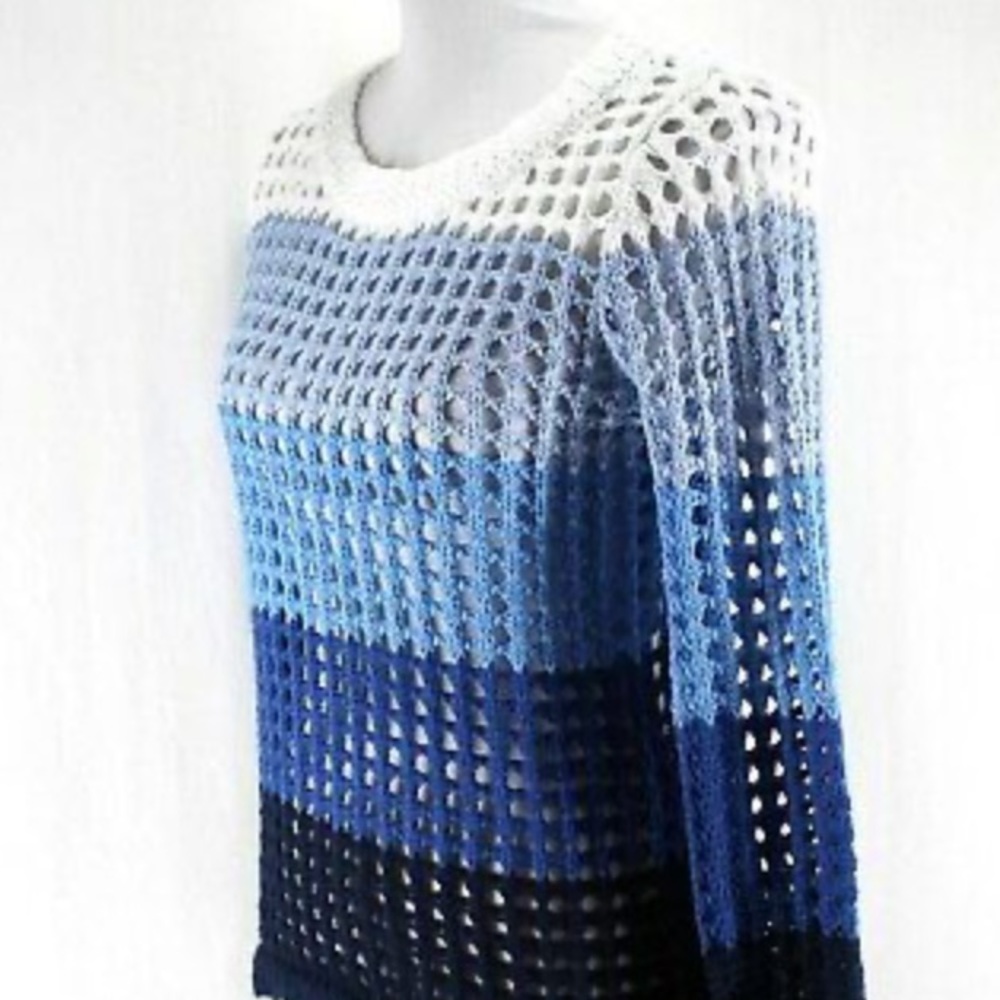 NWOT Boston Proper Women’s Blue & White Open Weave Pullover Sweater (M) - Picture 5 of 7
